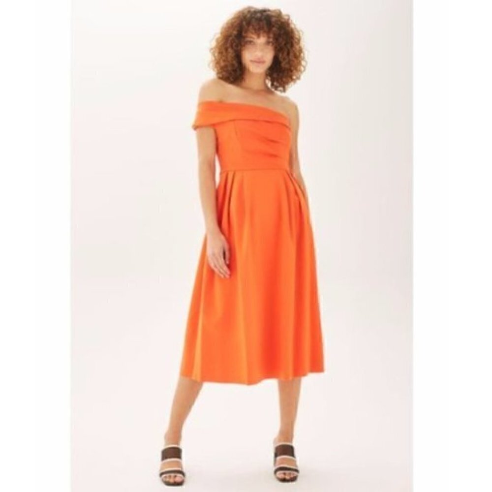 Topshop Dress 8 One Shoulder Midi Orange Bardot Ponte